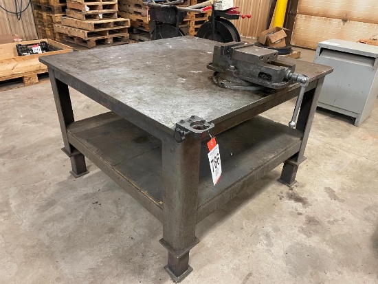 4 ft x 4 ft x 1 in steel welding table; 6 inch machinist vise.