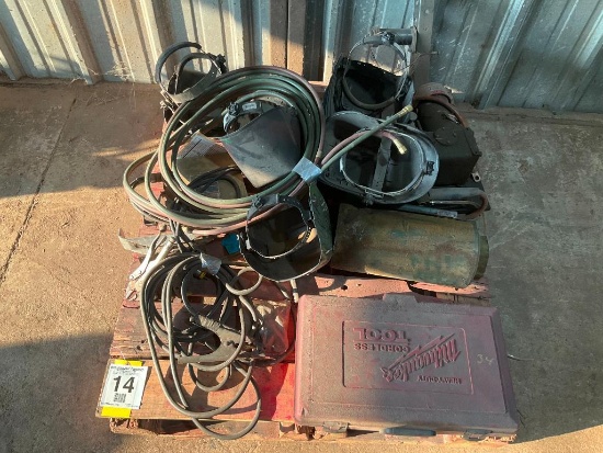 Pallet w/ welding equipment, welding helmets & misc.