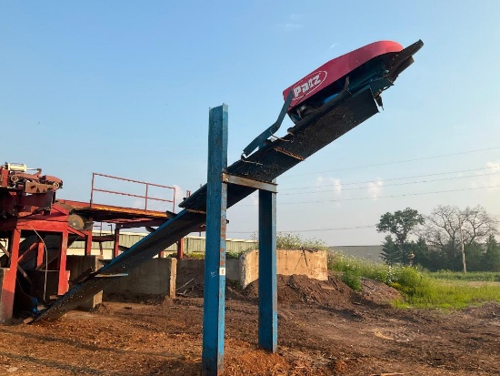 Patz 80' barn sweep conveyor w/ 30' double sided steel chute, clockwise drive, approx 160' chain.