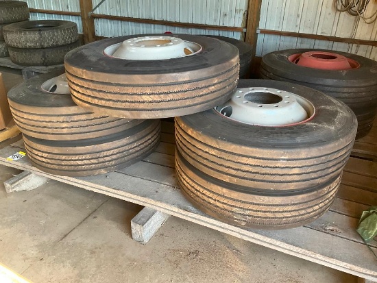 5-Bridgestone 11R22.5 tires on painted hub piloted wheels. (5-TIMES THE MONEY)