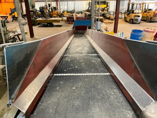 24" x 30' belt conveyor, belt over rollers, hopper, 2 hp electric drive.