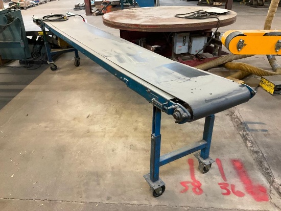 New London 200 18" x 12' belt conveyor, 110V drive, on casters, SN: 76525.