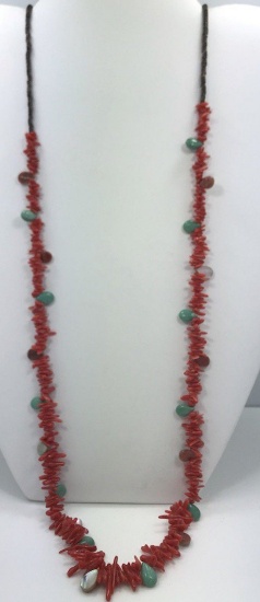 Red Branch Coral Necklace With Turquoise And Mother Of Pearl