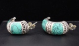 Vintage Chinese Turquoise And Sterling Silver Hoops