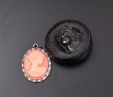 Antique Bust Button And Peachy Cameo Pendant