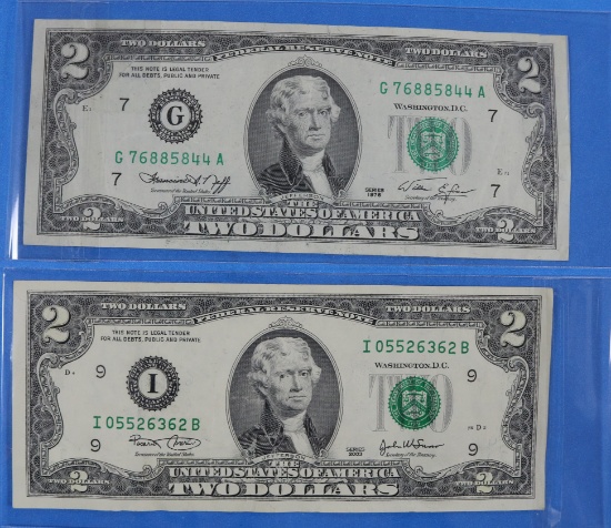 Lot of 2 Two Dollar $2 Bills 1976 and 2003