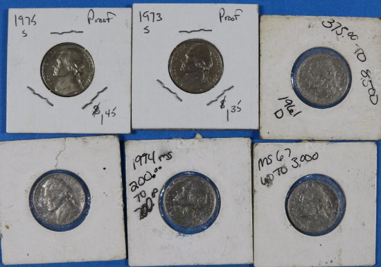 Lot of 6 Jefferson Nickels with Proofs 1961-1975