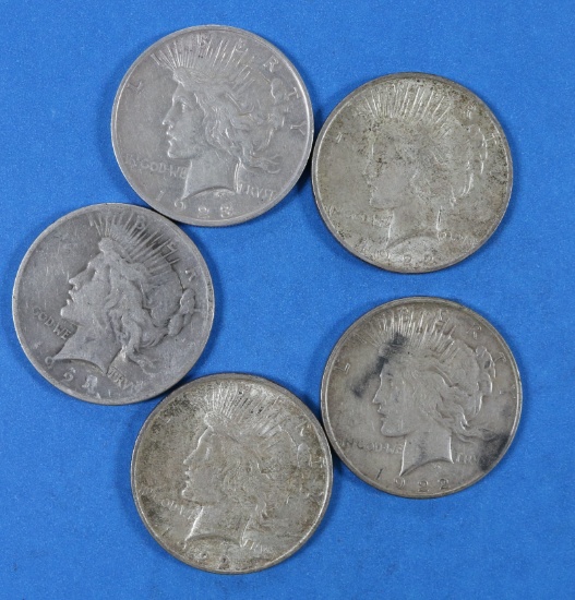 Lot of 5 Peace Silver Dollars 1922-1924