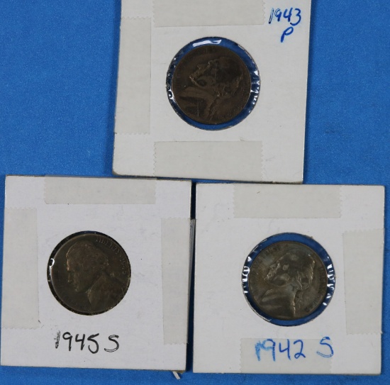 Lot of 3 Jefferson War Nickels 1943-P, 1942-S, 1945-S