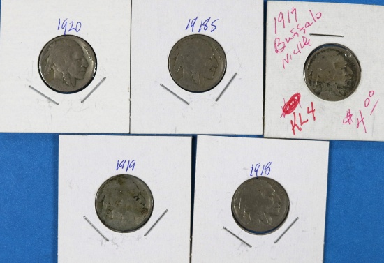 Lot of 5 Buffalo Nickels 1917, 1918, 1918-S, 1919, 1920