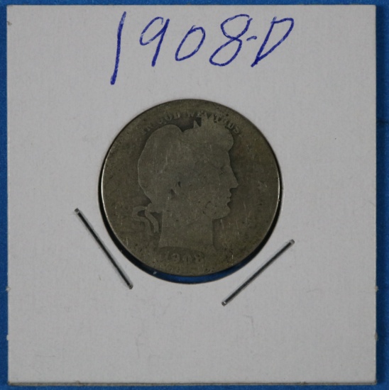 1908 D Barber Silver Quarter Dollar Coin