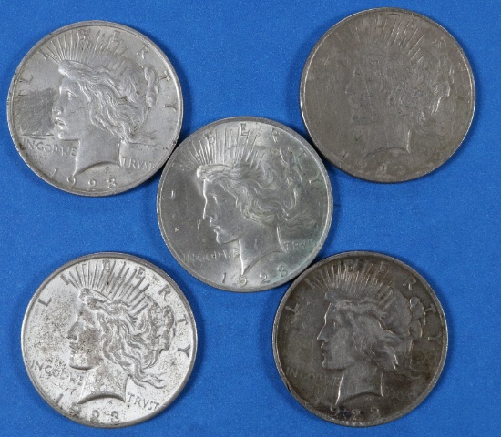 Lot of 5 Peace Silver Dollars 1923