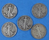 Lot of 5 Walking Liberty Half Dollar Silver Coins 1942-1946