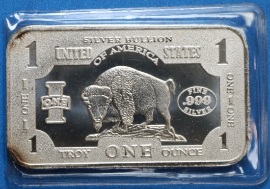 1 Troy Oz .999 Silver Bullion Buffalo Bar