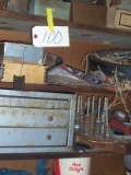 9 shelves of misc tools including grinding wheels, 2 motors, bits, etc;