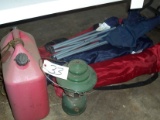 4 camp chairs, kerosene lantern, gas can, small step stool