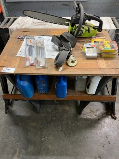 Sawhorse table and contents chainsaw and supplies
