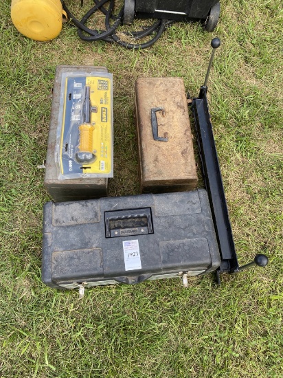 3 tool boxes with tools, dewalt fastener gun, metal break