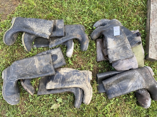 group of 6 pairs of rubber boots and 1 set of chest waders
