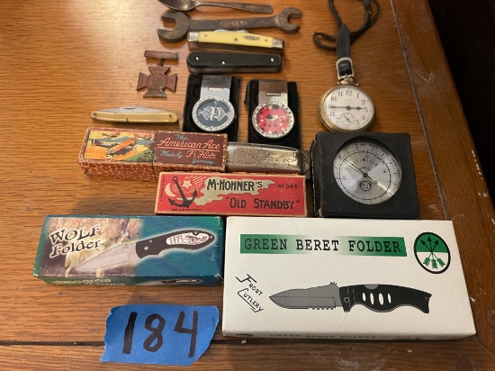 Misc. Lot knives, pocket watches, antique wrench and spoon