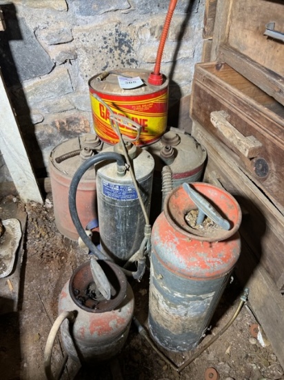 3 Old Gas Cans & 3 Old Sprayers