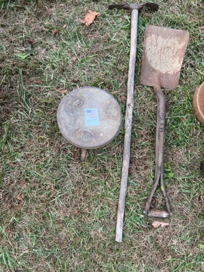 antique metal, milking store, go devil and antique shovel