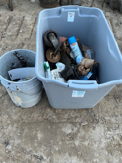 Misc Items in a Plastic tote and Bucket
