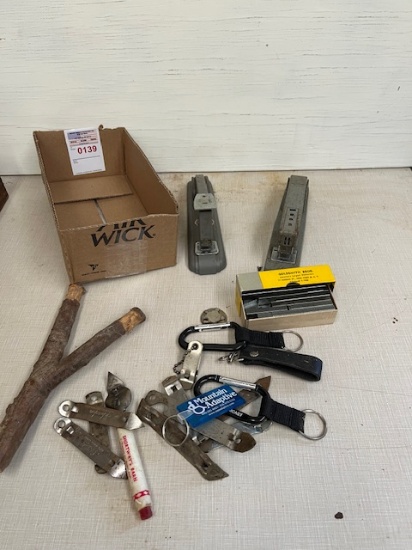 Box of Misc Old Staplers, Bottle Openers