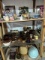 three shelves, brown vintage glazed crocs, stoneware French onion soup, antique hairdryers