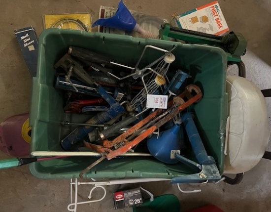 Box of painting, rollers, funnels, caulking, gun