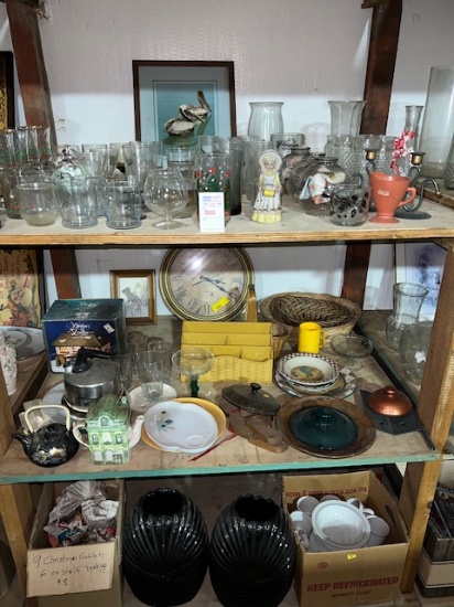 shelf, contents, three shelves, glass, figurines, Clock, China sets