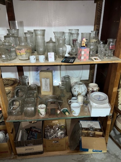 Shelf contents, three shelves, cookie jars, glassware