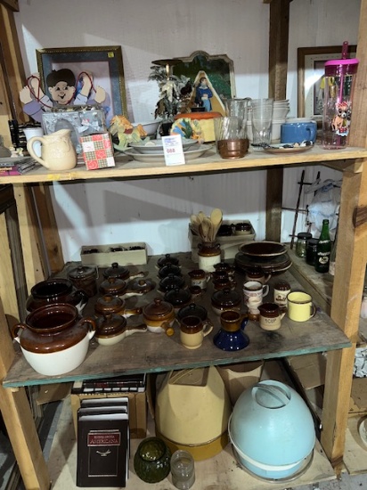 three shelves, brown vintage glazed crocs, stoneware French onion soup, antique hairdryers