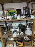 3 shelves, figurines, lampshades, bottles, China sets
