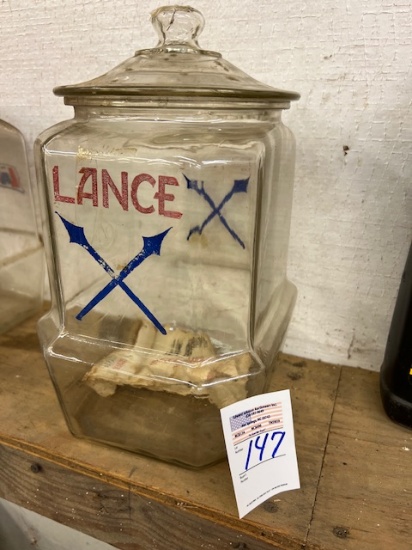 vintage Lance countertop store display large glass jar with original Lance glass lid