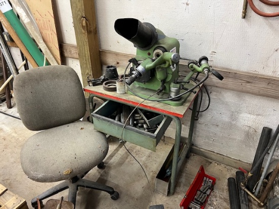1990 OPTIMA OPTICAL DRILL GRINDER, 1" - many tooling items with this unit and desk