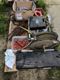 air has reel, chain binders, simplex nails, hangers, drain snake, door knobs
