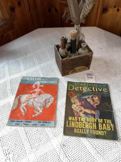 Wooden box with old jars, Circus Magazine, Startling Detective Adventures