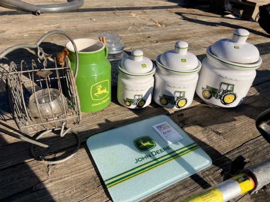 John Deere canister, set John Deere crock, and cutting board