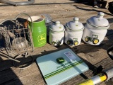 John Deere canister, set John Deere crock, and cutting board