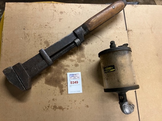 Antique pipe, wrench, wood handle, pint size oiler