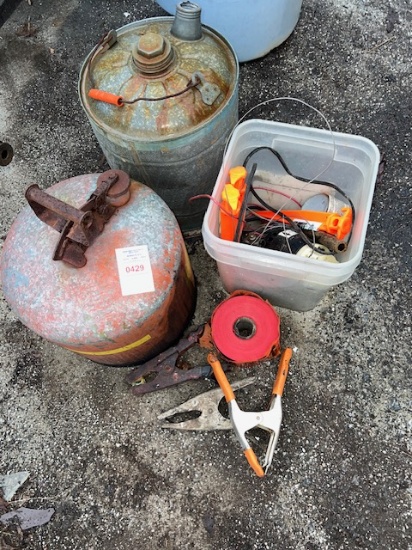 Antique gas, cans, jumper cable parts