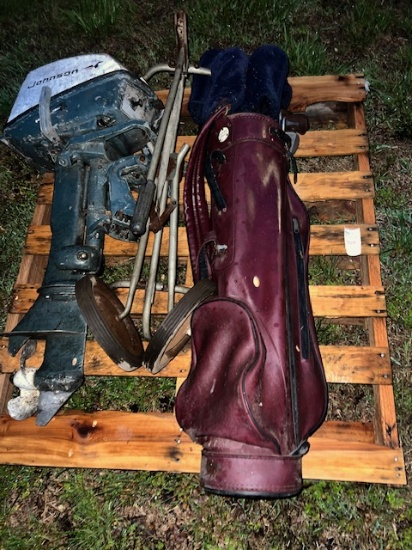 golf clubs and vintage boat motor