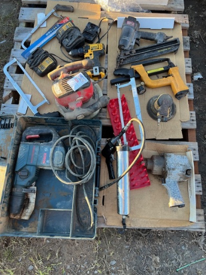 Pallet of power tools, hack saw, grease gun