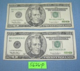 Pair of old style pre color US $20 bills