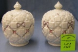 Pair of floral hand painted milk glass covered jars