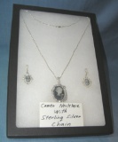 Cameo necklace and earring set with sterling silver chain
