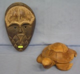 Carved African mask and hand carved turtle figure