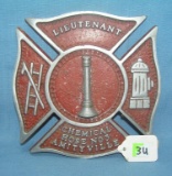 Vintage fire dept Lieutenants painted shield