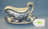 Antique hand painted Chinese gravy boat and tray